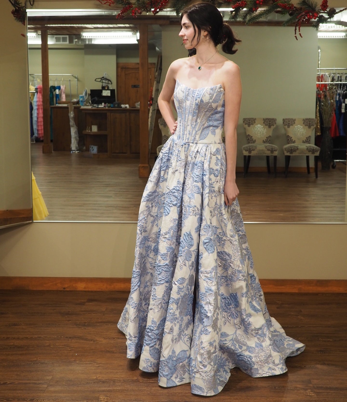 Strapless Satin Floral Print A Line Prom Dresses Sweetheart Corset Evening Gown HE1496