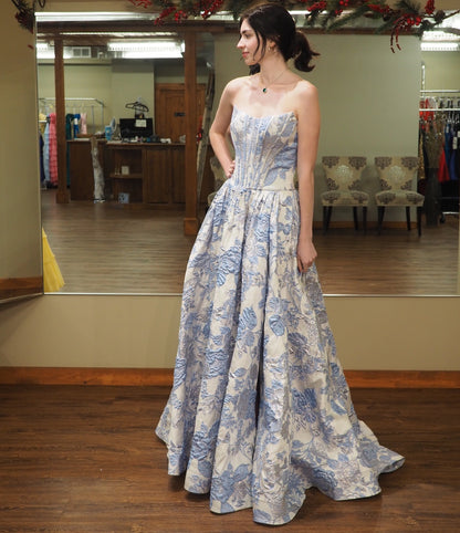 Strapless Satin Floral Print A Line Prom Dresses Sweetheart Corset Evening Gown HE1496