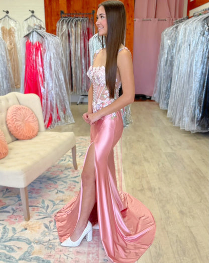 Mermaid Satin 3d Flower Appliqued Corset Long Prom Dresses for Women HE1469