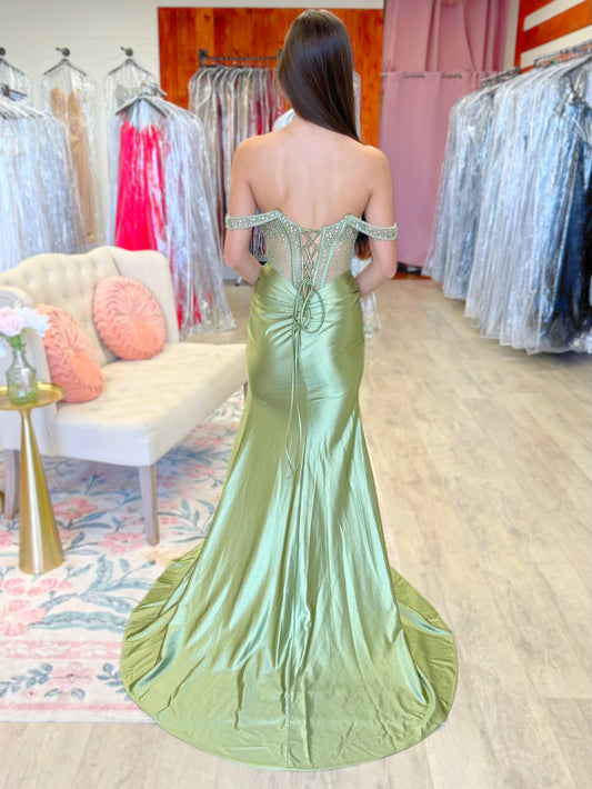 Off Shoulder Mermaid Satin Crystal Beaded Long Prom Dresses with Slit HE1468