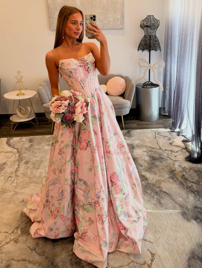 Women's A Line Satin Floral Print Prom Dresses Sweetheart Long Party Gowns with Slit HE1420
