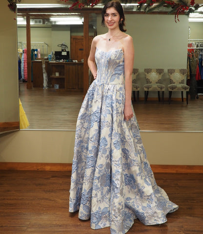 Strapless Satin Floral Print A Line Prom Dresses Sweetheart Corset Evening Gown HE1496