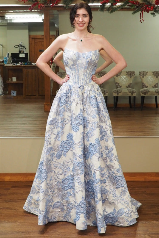 Strapless Satin Floral Print A Line Prom Dresses Sweetheart Corset Evening Gown HE1496