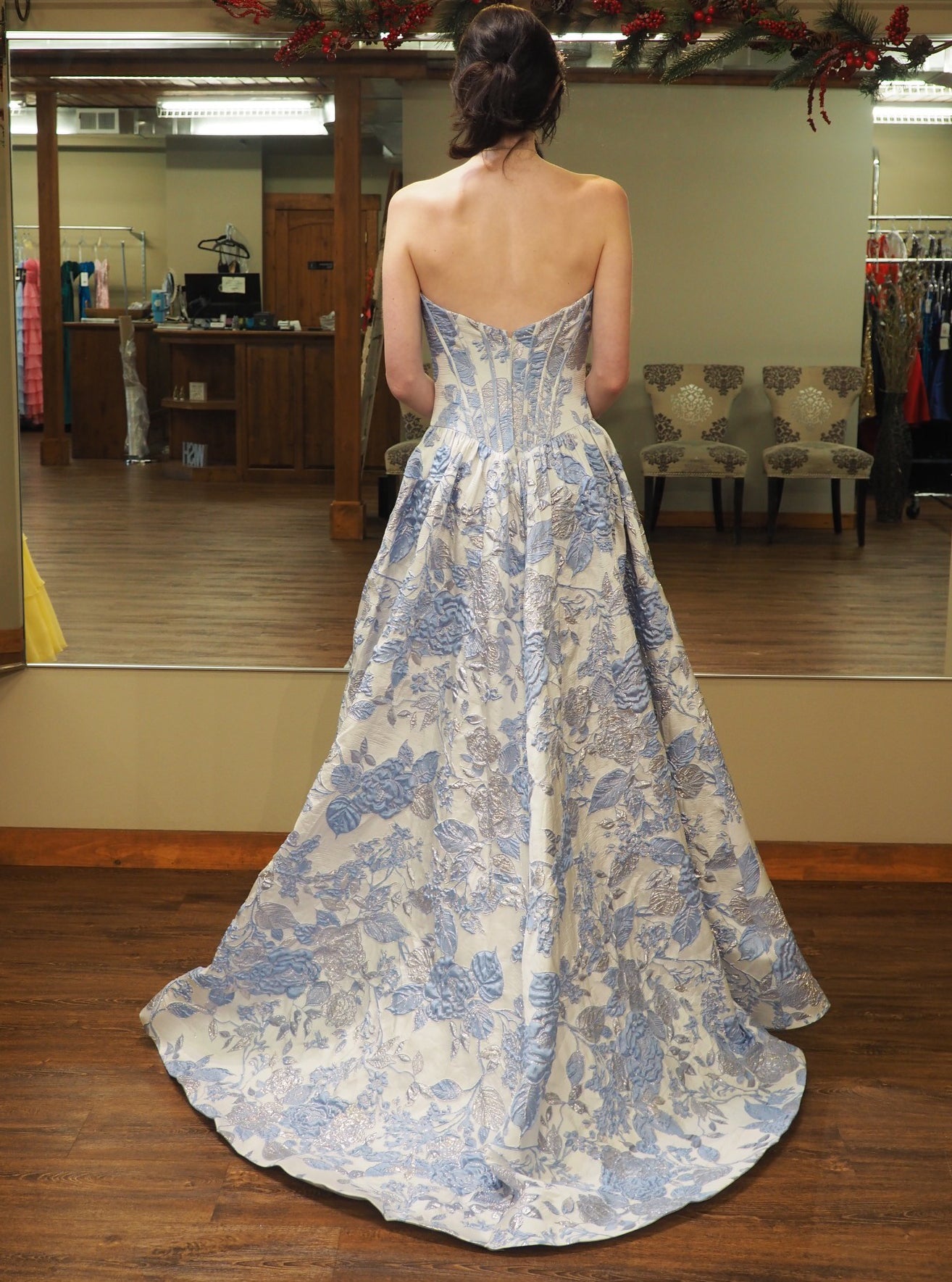 Strapless Satin Floral Print A Line Prom Dresses Sweetheart Corset Evening Gown HE1496
