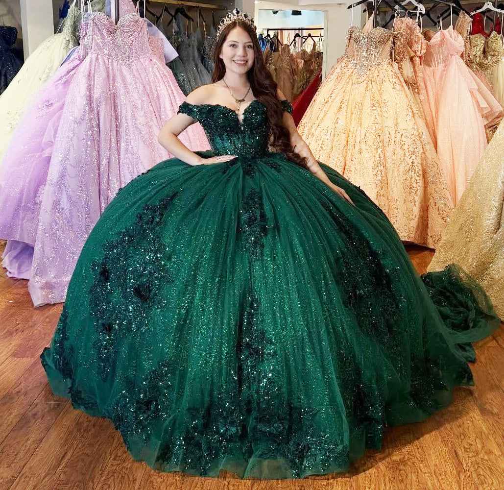 Princess Tulle Lace Appliqued Green Quinceanera Dresses Glittery Sweet 15 Party Gown HE1459