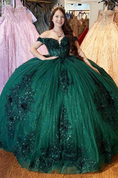 Princess Tulle Lace Appliqued Green Quinceanera Dresses Glittery Sweet 15 Party Gown HE1459