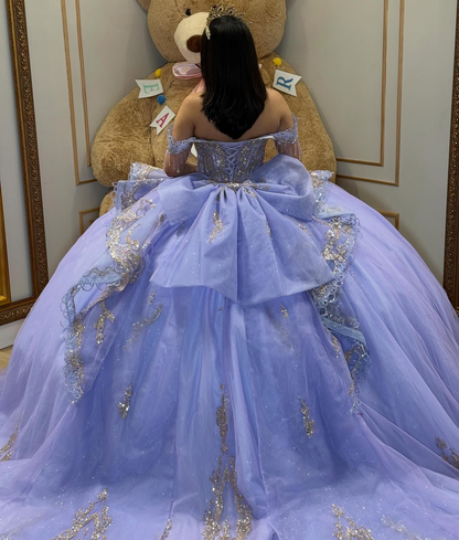 Lace Crystal Beaded Off Shoulder Princess Lilac Quinceanera Dress for Sweet 16 HE1589