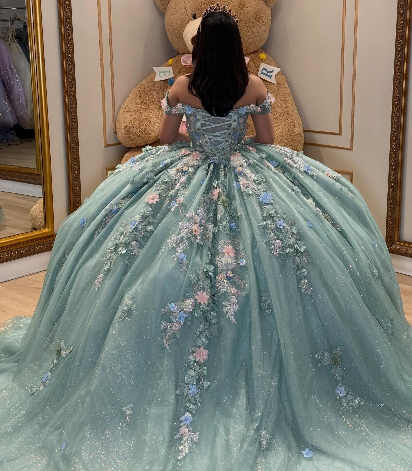Off Shoulder Green Lace 3D Flowers Beaded Quinceanera Dress for Sweet 15 HE1588