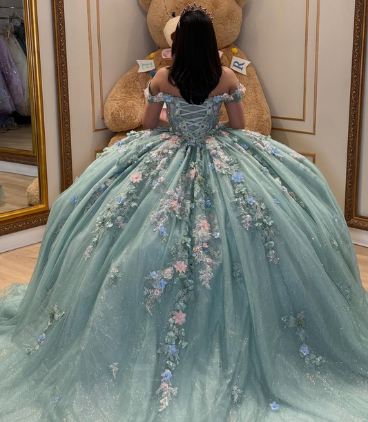 Off Shoulder Green Lace 3D Flowers Beaded Quinceanera Dress for Sweet 15 HE1588