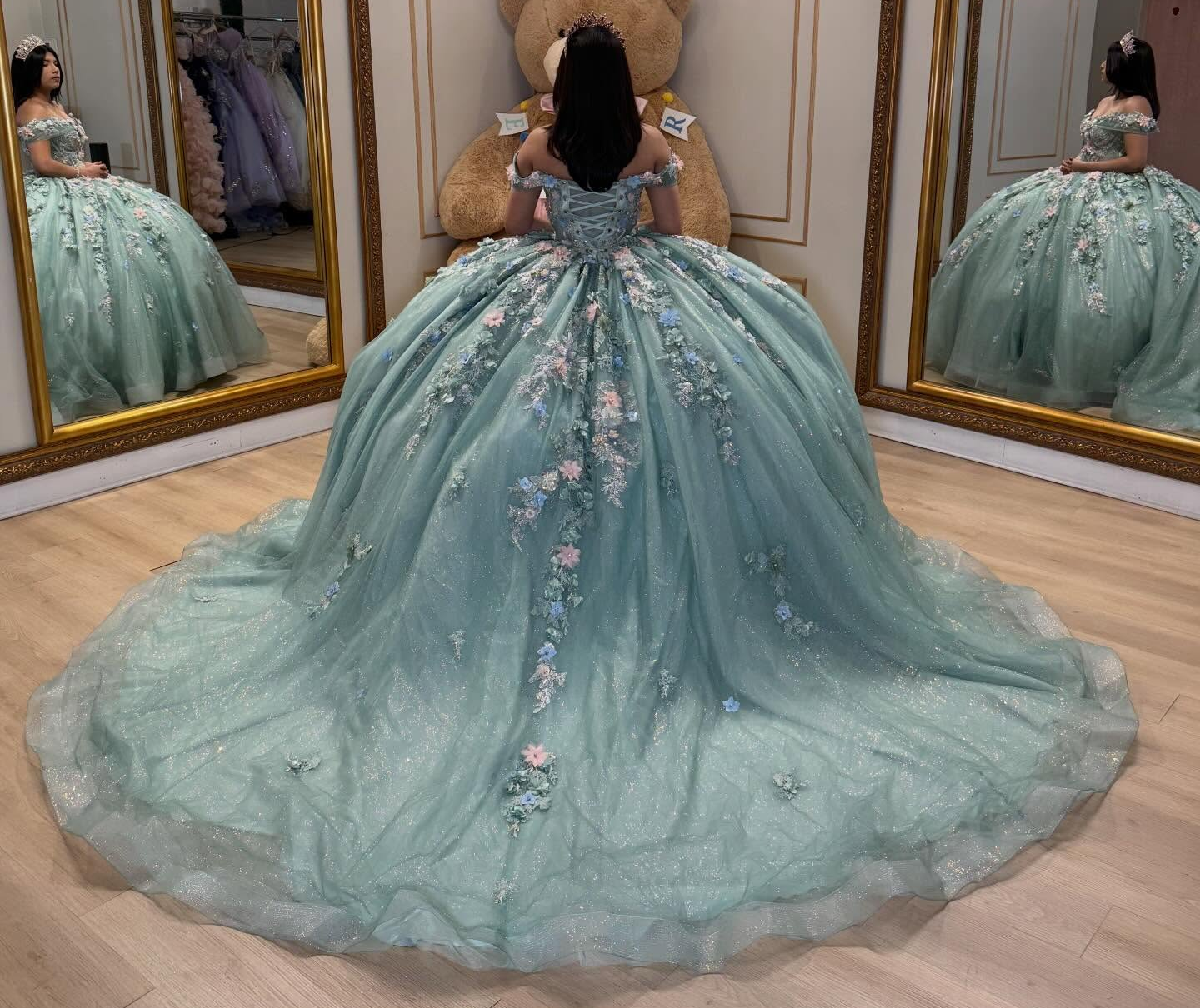 Off Shoulder Green Lace 3D Flowers Beaded Quinceanera Dress for Sweet 15 HE1588