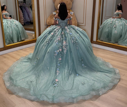 Off Shoulder Green Lace 3D Flowers Beaded Quinceanera Dress for Sweet 15 HE1588