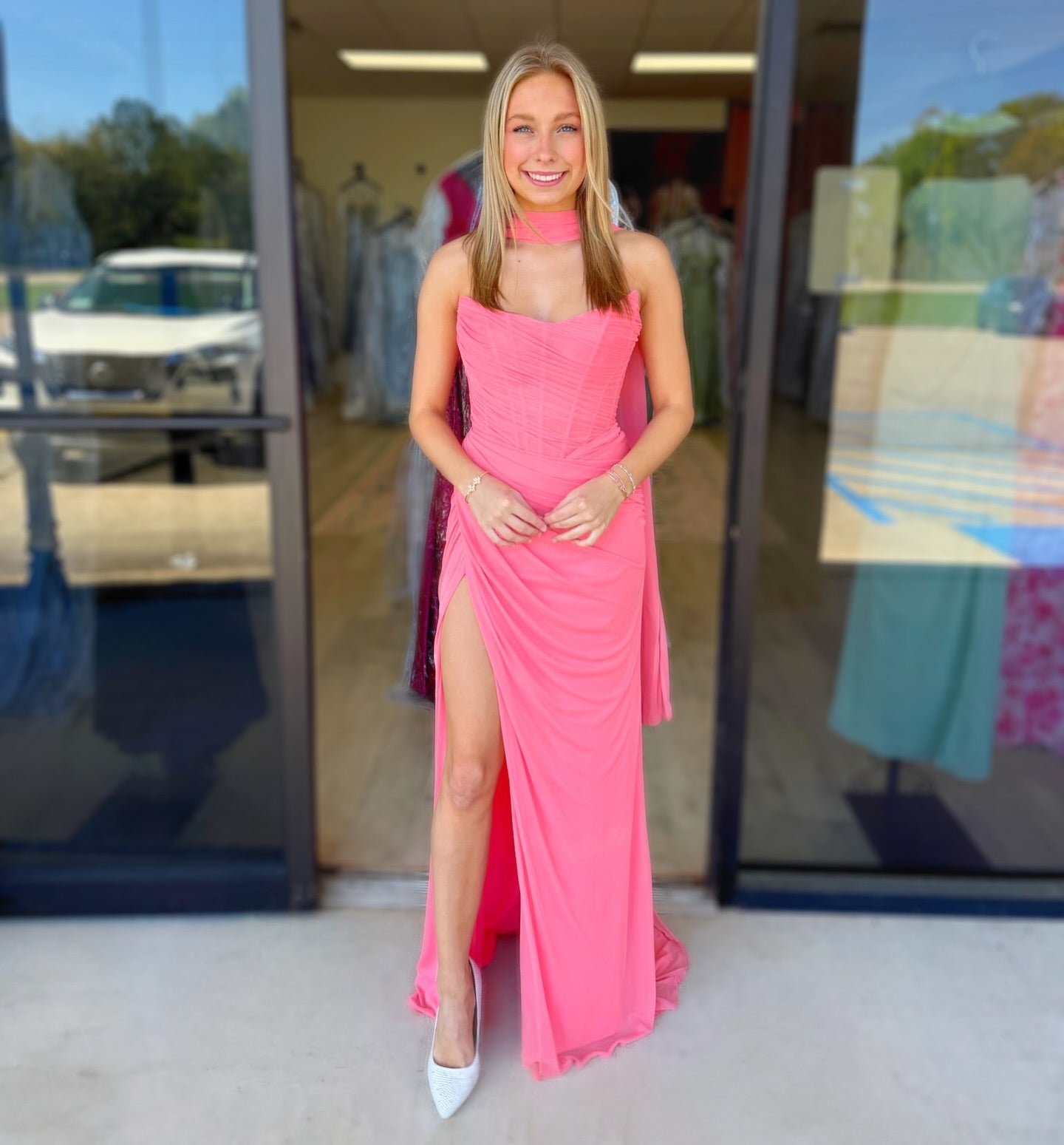 Chiffon Pleated Mermaid Strapless Long Prom Dresses Sweetheart Party Gowns with Slit HE1574