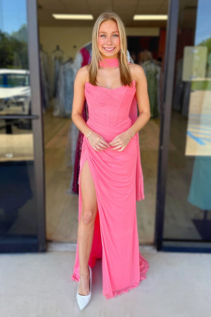 Chiffon Pleated Mermaid Strapless Long Prom Dresses Sweetheart Party Gowns with Slit HE1574
