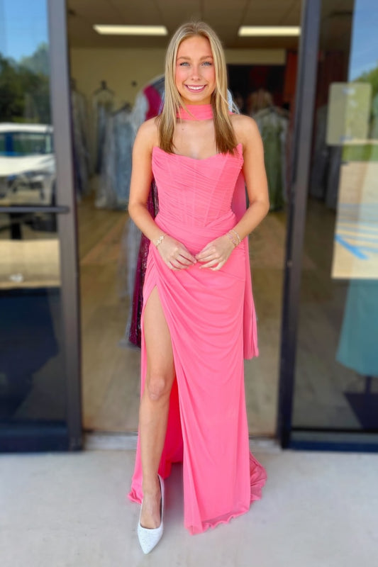 Chiffon Pleated Mermaid Strapless Long Prom Dresses Sweetheart Party Gowns with Slit HE1574