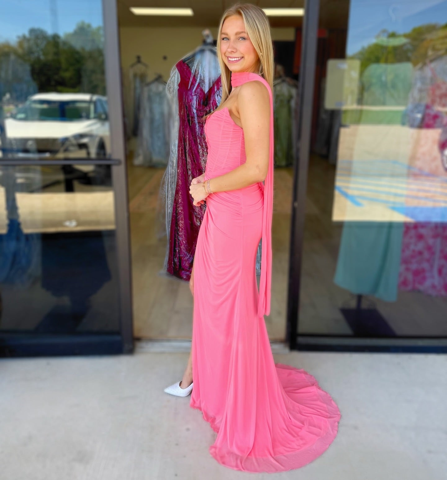 Chiffon Pleated Mermaid Strapless Long Prom Dresses Sweetheart Party Gowns with Slit HE1574