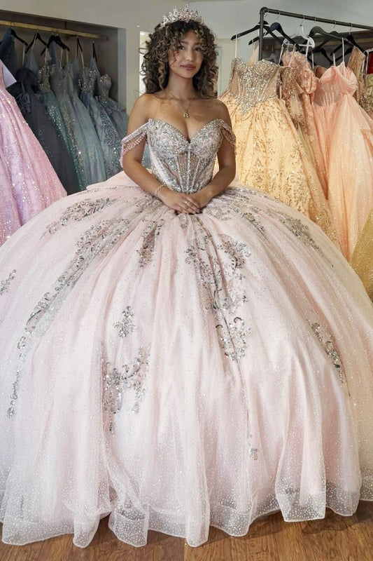 Glittery Tulle Pink Sweet 15 Quinceanera Dresses Lace Beaded Birthday Party Gown HE1458