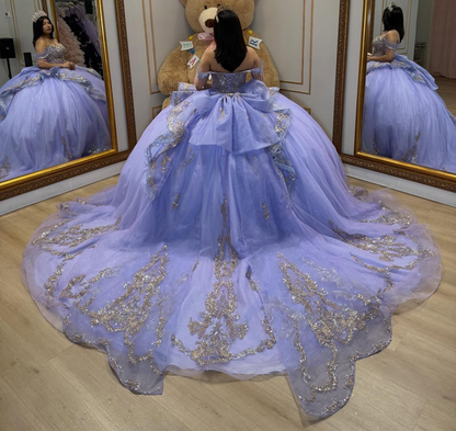 Lace Crystal Beaded Off Shoulder Princess Lilac Quinceanera Dress for Sweet 16 HE1589
