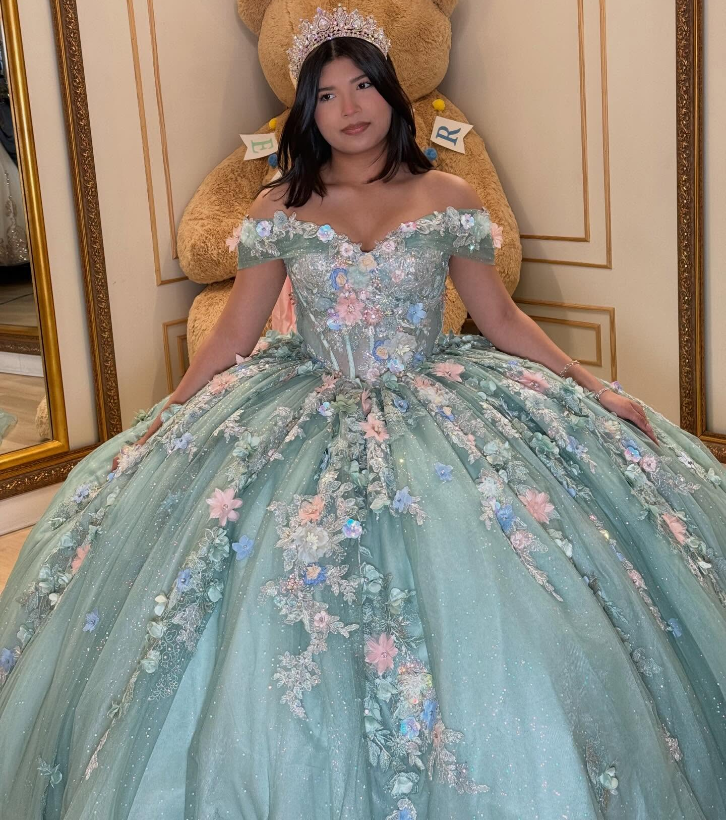 Off Shoulder Green Lace 3D Flowers Beaded Quinceanera Dress for Sweet 15 HE1588