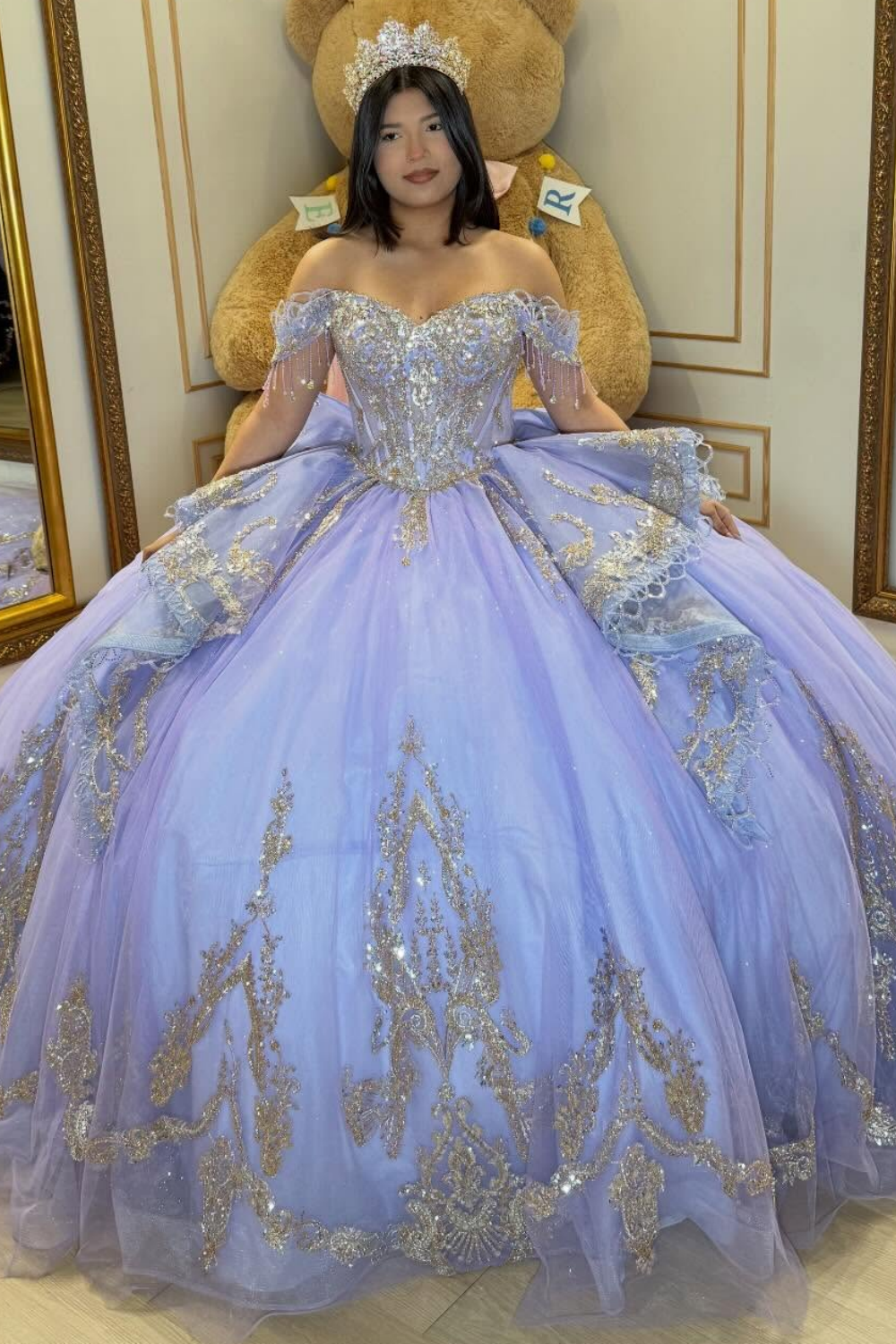 Lace Crystal Beaded Off Shoulder Princess Lilac Quinceanera Dress for Sweet 16 HE1589