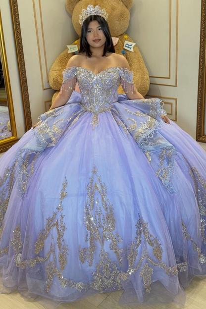 Lace Crystal Beaded Off Shoulder Princess Lilac Quinceanera Dress for Sweet 16 HE1589