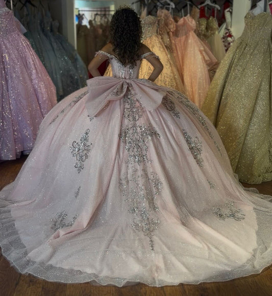 Glittery Tulle Pink Sweet 15 Quinceanera Dresses Lace Beaded Birthday Party Gown HE1458