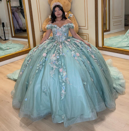 Off Shoulder Green Lace 3D Flowers Beaded Quinceanera Dress for Sweet 15 HE1588