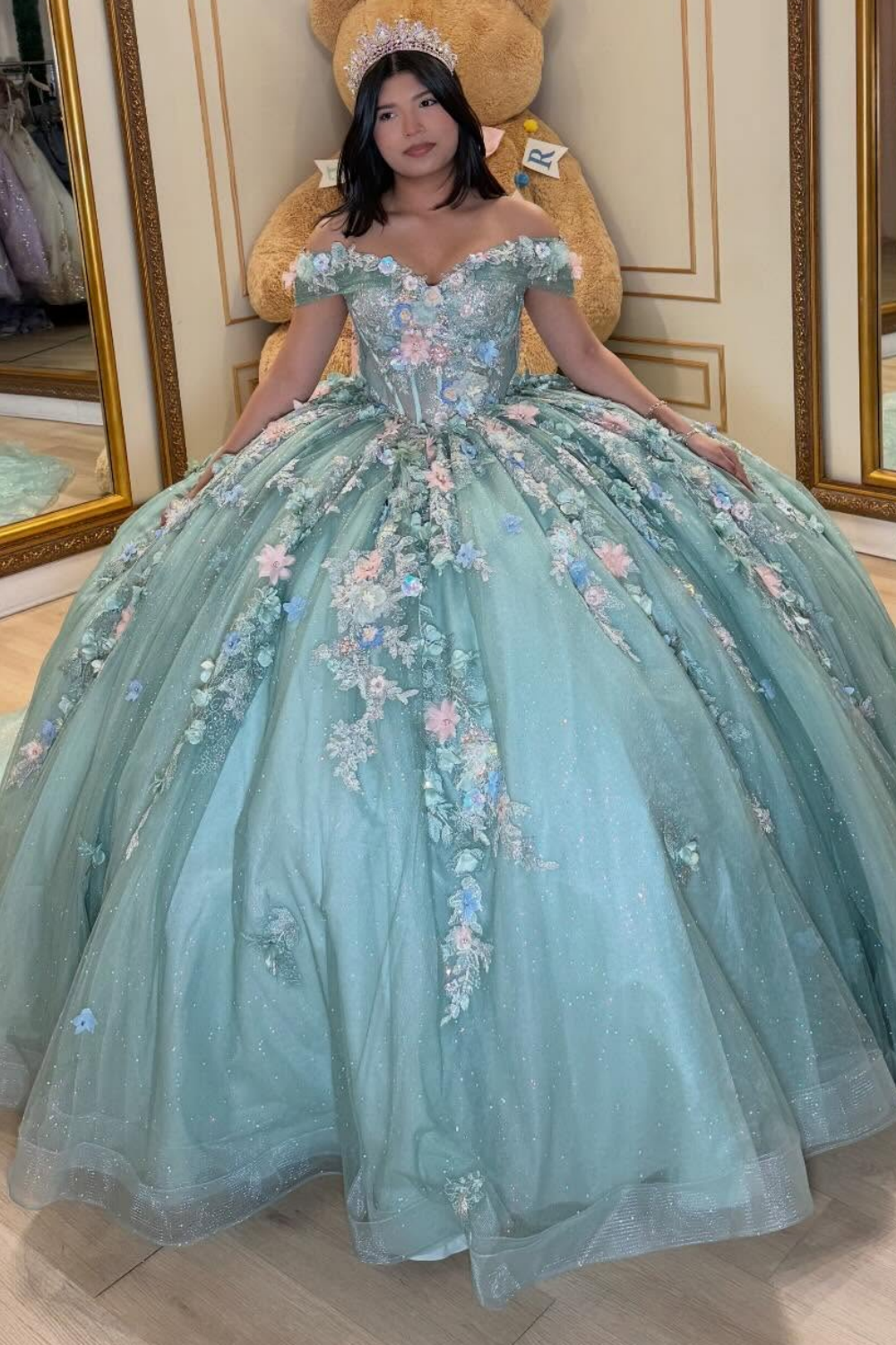 Off Shoulder Green Lace 3D Flowers Beaded Quinceanera Dress for Sweet 15 HE1588