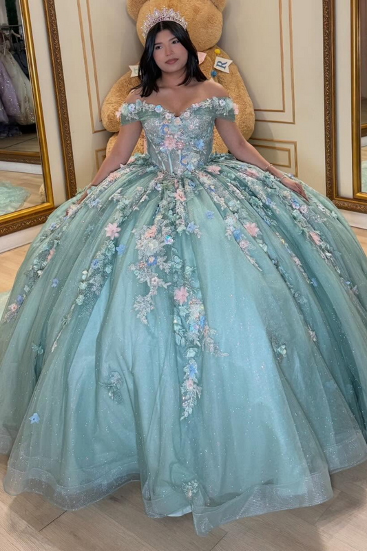 Off Shoulder Green Lace 3D Flowers Beaded Quinceanera Dress for Sweet 15 HE1588