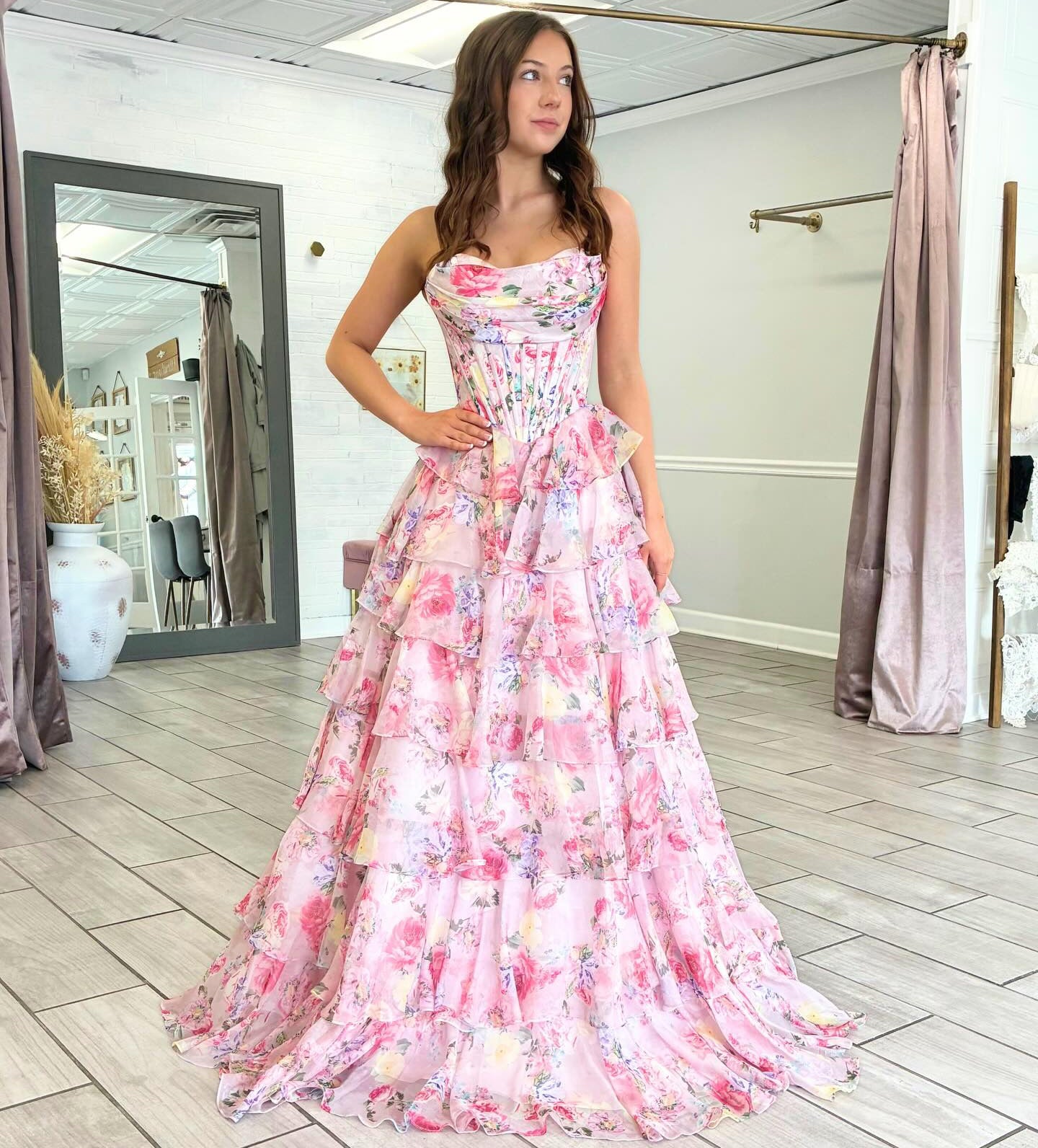 Women's Sweetheart Corset Chiffon Floral Print Long Prom Dresses with Tiered HE1473