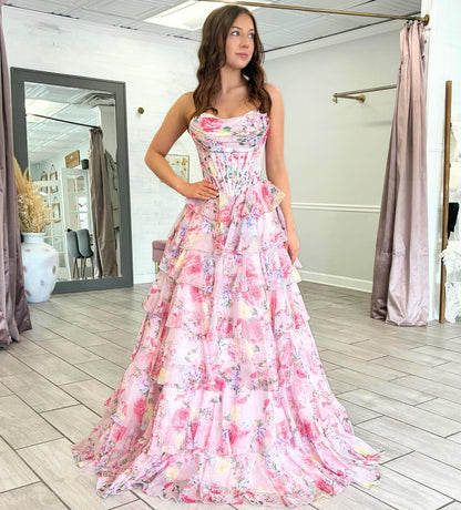 Women's Sweetheart Corset Chiffon Floral Print Long Prom Dresses with Tiered HE1473