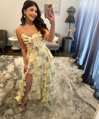 Women's A Line Chiffon Tiered Sweetheart Long Prom Dresses with Floral Print HE1470