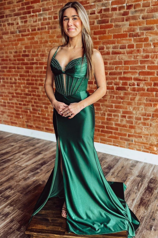 Mermaid Satin Crystal Beaded Corset Prom Dresses Long with Spaghetti Straps HE1475