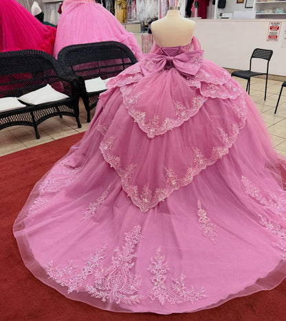 Ball Gown Tulle Lace Pink Quinceanera Dresses Off Shoulder Sweet 16 Birthday Party Gown HE1455