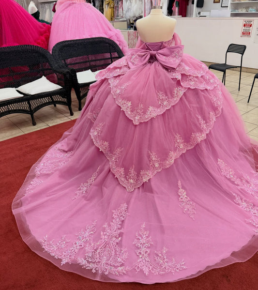 Ball Gown Tulle Lace Pink Quinceanera Dresses Off Shoulder Sweet 16 Birthday Party Gown HE1455