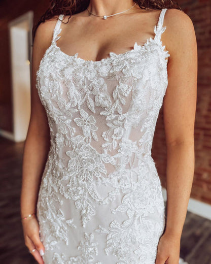 Boho Mermaid Lace Appliqued Wedding Dresses Tulle Bridal Gowns for Women HE1567