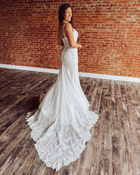 Boho Mermaid Lace Appliqued Wedding Dresses Tulle Bridal Gowns for Women HE1567