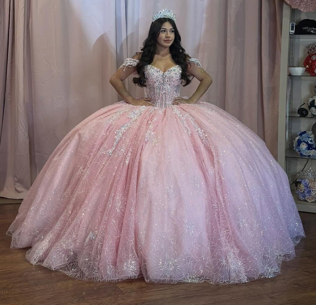 Off Shoulder Sweet 16 Pink Quinceanera Dresses Glittery Tulle Beaded Birthday Gown HE1461
