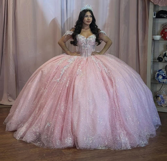Off Shoulder Sweet 16 Pink Quinceanera Dresses Glittery Tulle Beaded Birthday Gown HE1461