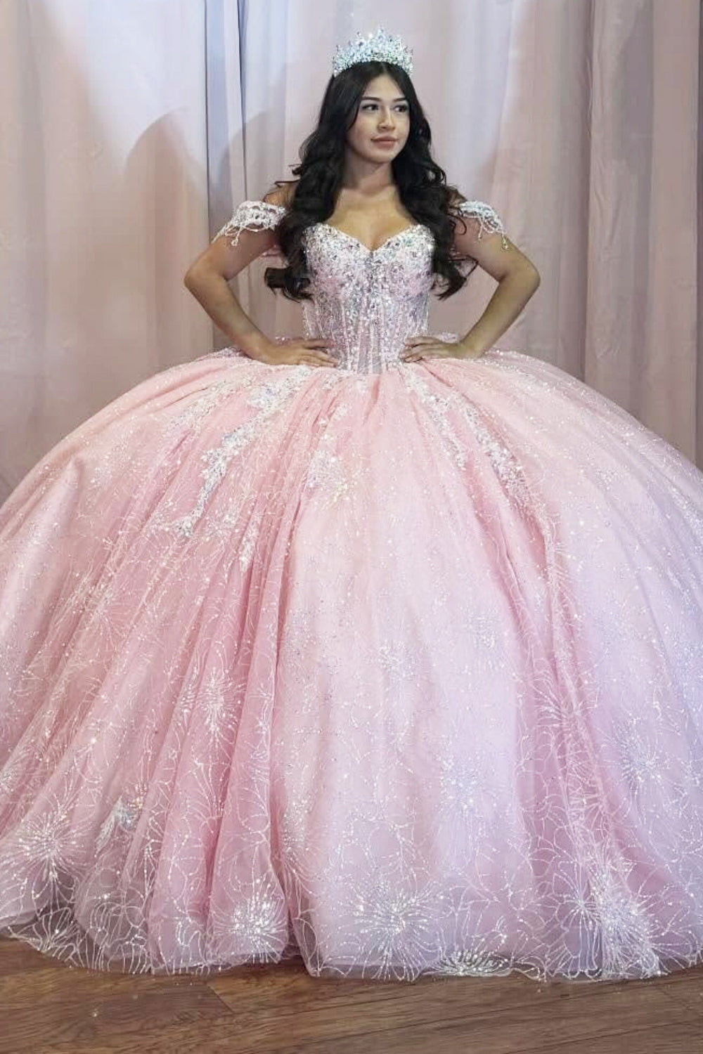 Off Shoulder Sweet 16 Pink Quinceanera Dresses Glittery Tulle Beaded Birthday Gown HE1461