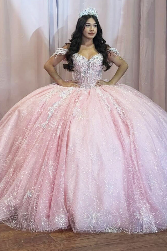 Off Shoulder Sweet 16 Pink Quinceanera Dresses Glittery Tulle Beaded Birthday Gown HE1461