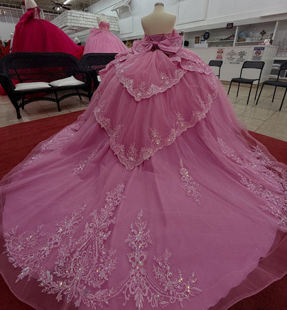 Ball Gown Tulle Lace Pink Quinceanera Dresses Off Shoulder Sweet 16 Birthday Party Gown HE1455