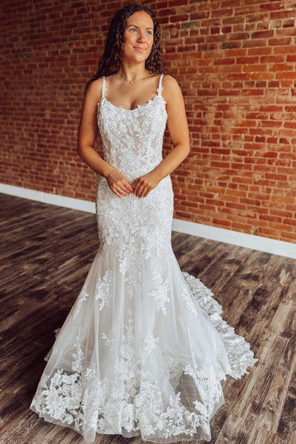 Boho Mermaid Lace Appliqued Wedding Dresses Tulle Bridal Gowns for Women HE1567