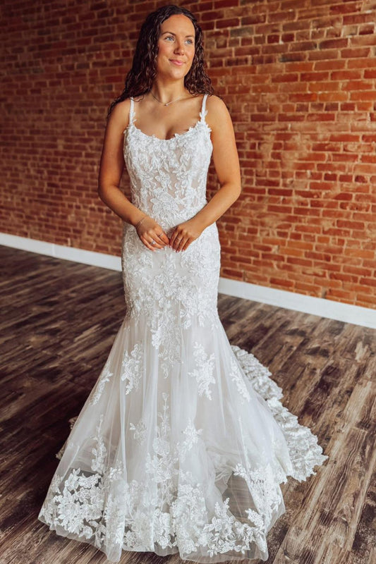Boho Mermaid Lace Appliqued Wedding Dresses Tulle Bridal Gowns for Women HE1567