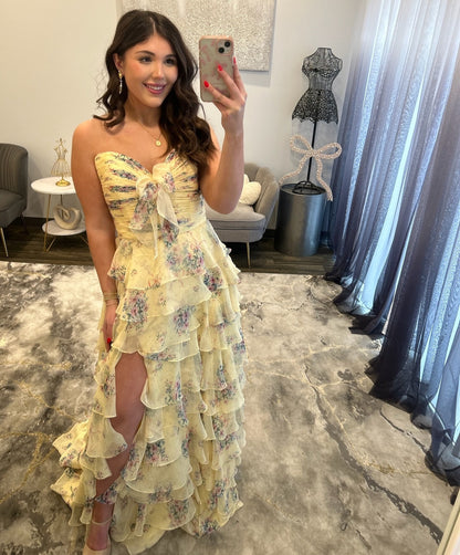 Women's A Line Chiffon Tiered Sweetheart Long Prom Dresses with Floral Print HE1470