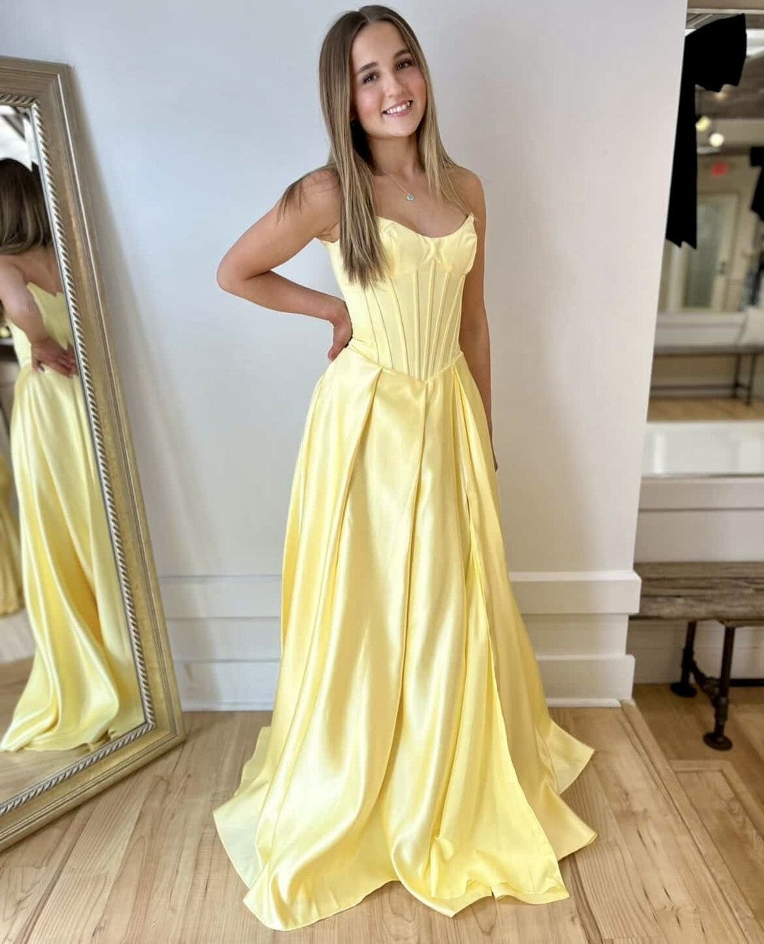 Strapless Satin Corset Plus Size Prom Dresses Long A Line Evening Gown