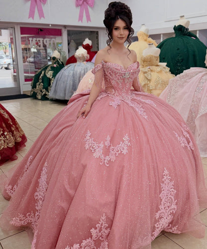 Glittery Tulle Lace Appliqued Pink Sweet 16 Quinceanera Dress for Sweet 15 HE1560