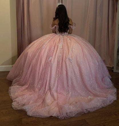 Off Shoulder Sweet 16 Pink Quinceanera Dresses Glittery Tulle Beaded Birthday Gown HE1461