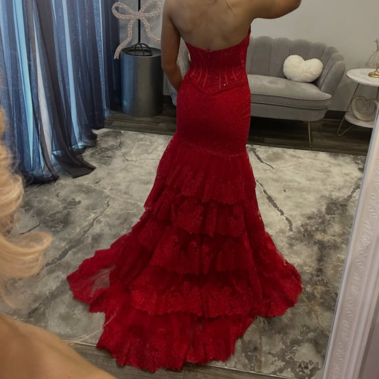 Strapless Tulle Lace Appliqued Tiered Mermaid Long Prom Dresses with Slit HE1481