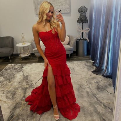 Strapless Tulle Lace Appliqued Tiered Mermaid Long Prom Dresses with Slit HE1481