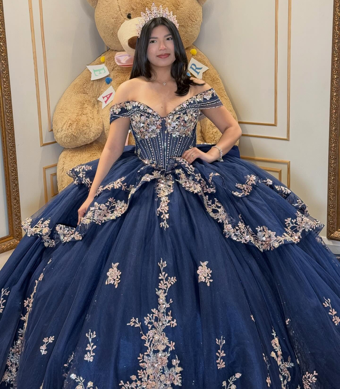 Princess Tulle Lace Appliqued Off Shoulder Blue Quinceanera Dress with Ruffled HE1585